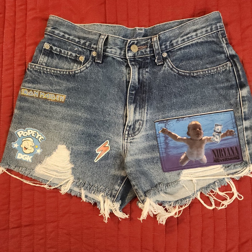 Custom Nirvana Iron Maiden Festival Distressed Denim Shorts Womens 29 Uniqlo